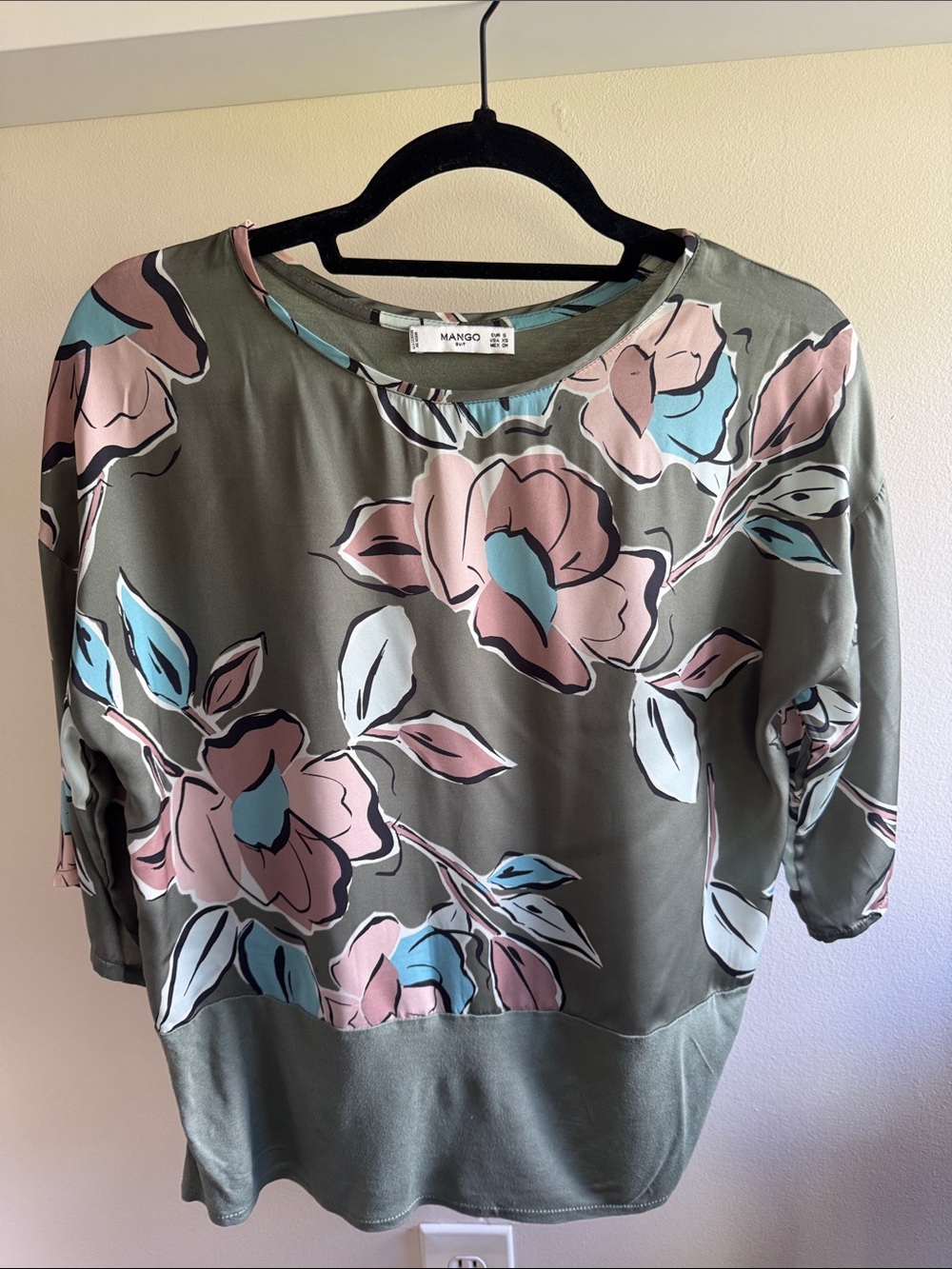 Mango Olive Green Floral Boatneck Top with Pink and Light Blue Blooms size XS